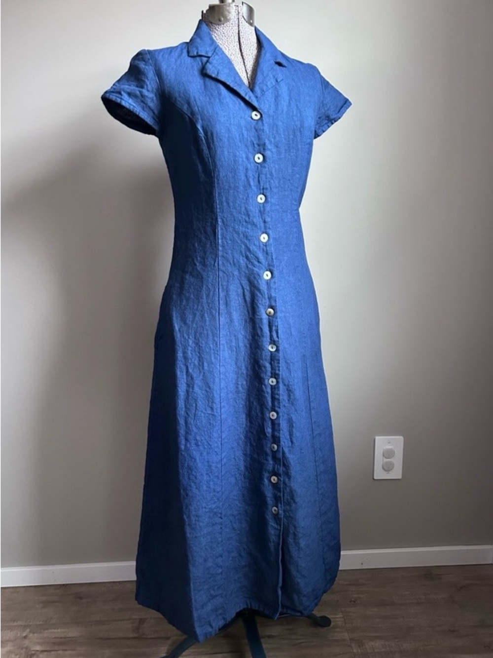 Handmade Indigo Blue 100% Linen Maxi Dress - Picture 1 of 9